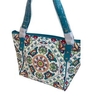 NEW Fricaine Bright Morning Blue Embroidered Tote Floral Leather Purse Handbag